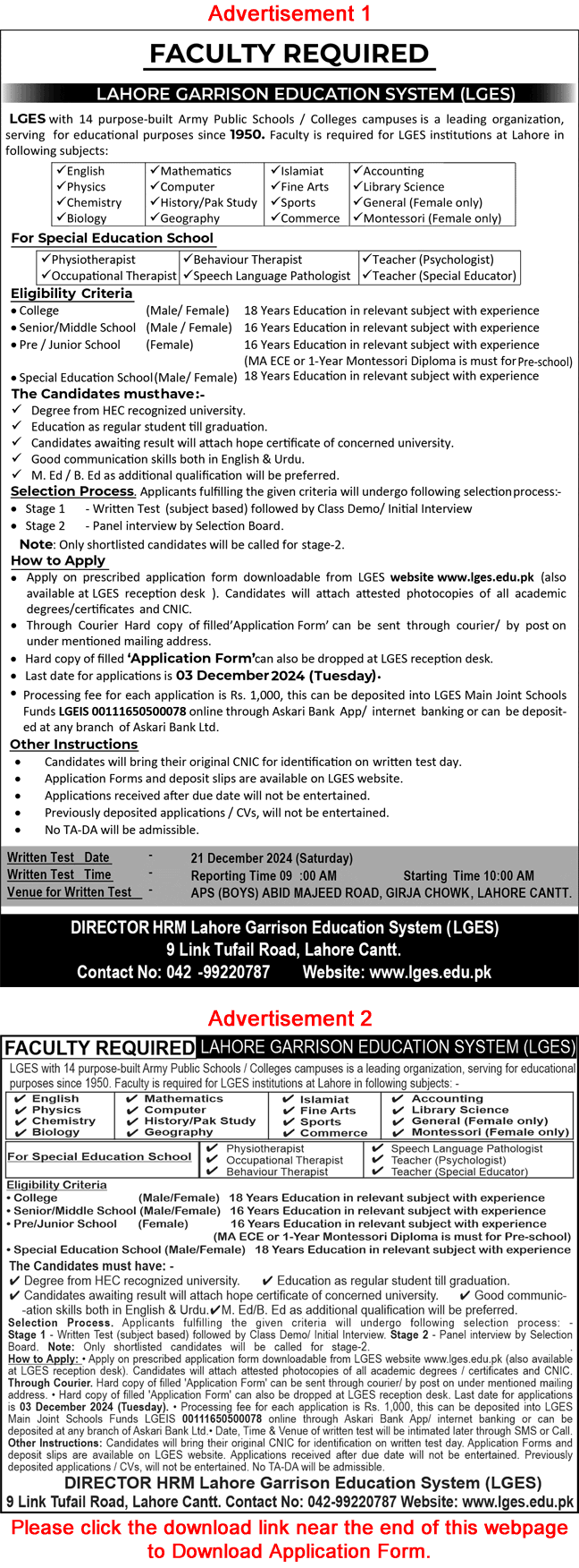 Lahore Garrison Education System Jobs November 2024 Application Form Teaching Faculty & Others LGES Latest