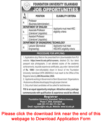 Foundation University Islamabad Jobs November 2024 Application Form Teaching Faculty Latest