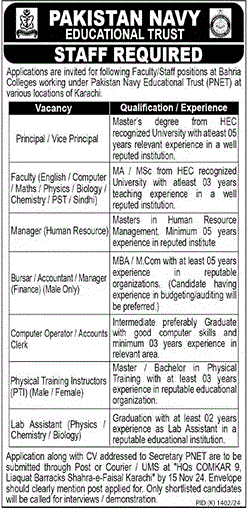 Pakistan Navy Educational Trust Karachi Jobs November 2024 Teaching Faculty & Others PNET Latest