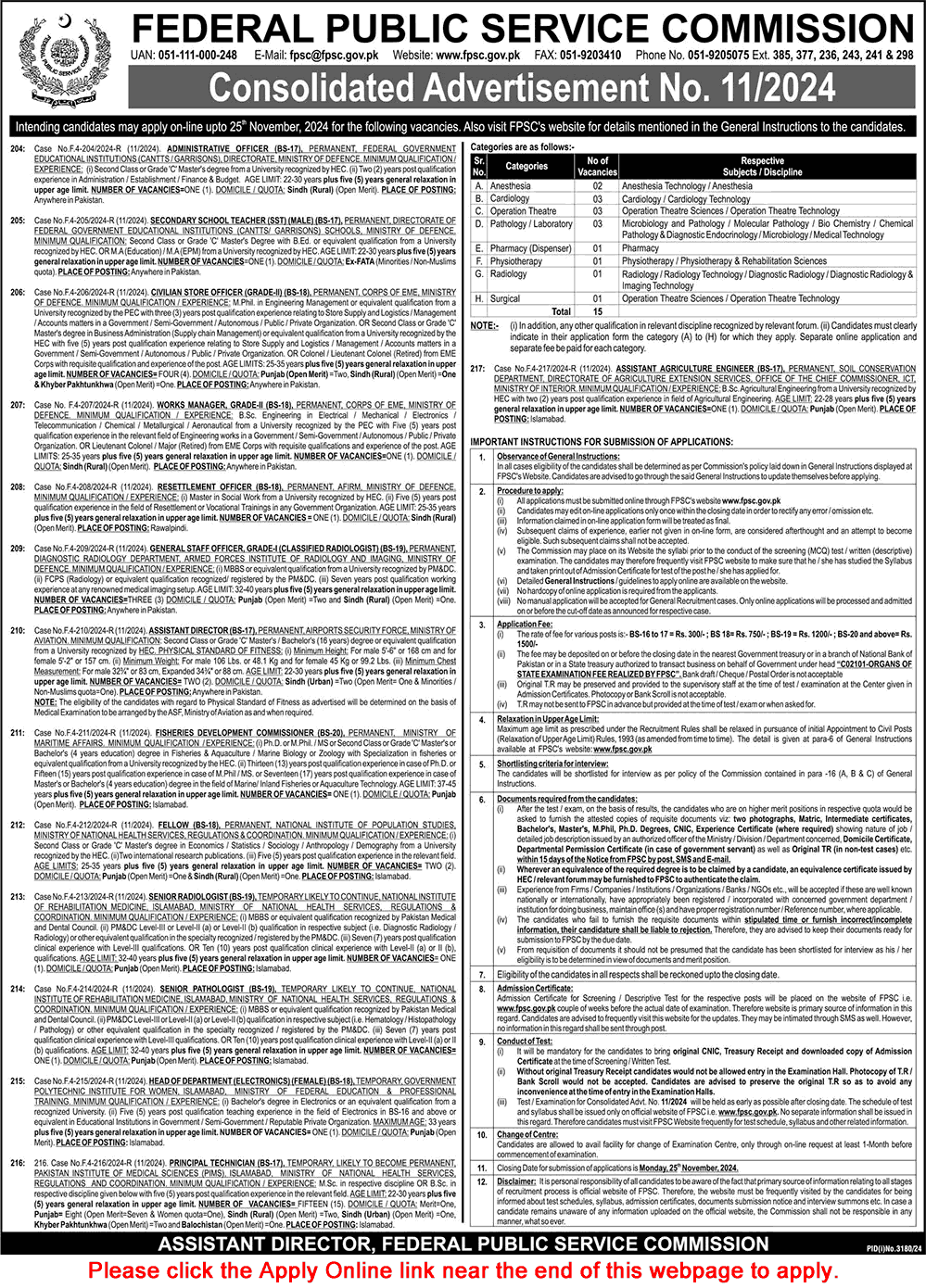 FPSC Jobs November 2024 Apply Online Consolidated Advertisement No 11/2024 Latest