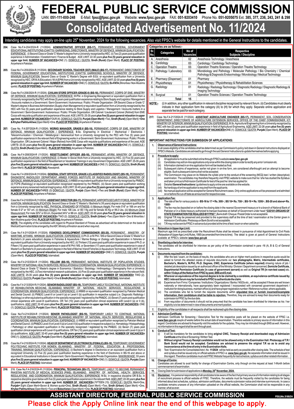 Principal / Medical Technician Jobs in PIMS Hospital Islamabad November 2024 FPSC Apply Online Latest