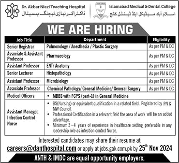 Dr Akbar Niazi Teaching Hospital Islamabad Jobs 2024 November Teaching Faculty & Others ANTH / IMDC Latest