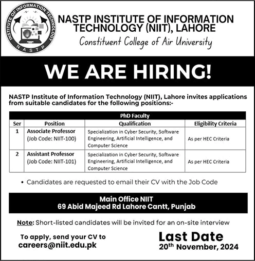 NASTP Institute of Information Technology Lahore Jobs 2024 November for Teaching Faculty NIIT Latest