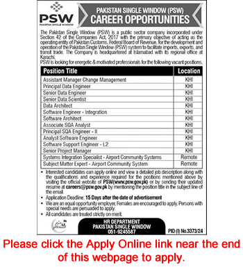 Pakistan Single Window Jobs November 2024 Apply Online Data Engineers / Scientist & Others PSW Latest