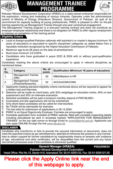 Pakistan Mineral Development Corporation Islamabad Management Trainee Programme 2024 November PMDC Apply Online Latest