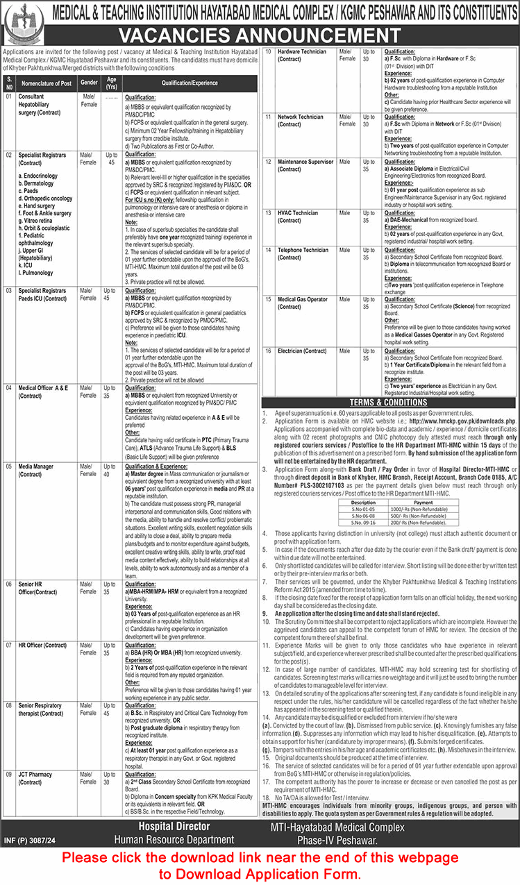 Hayatabad Medical Complex Peshawar Jobs November 2024 MTI KGMC Application Form Medical & Teaching Institution Latest