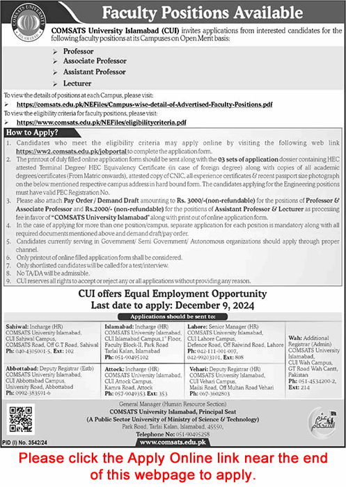 COMSATS University Jobs November 2024 December Apply Online Teaching Faculty Latest