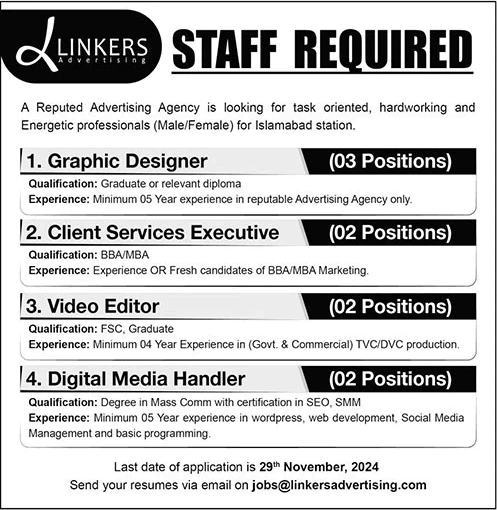 Linkers Advertising Islamabad Jobs 2024 November Graphic Designer, Client Services Executives & Others Latest