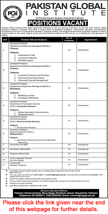 Pakistan Global Institute Rawalpindi Jobs 2024 November Teaching Faculty & Others PGI Latest