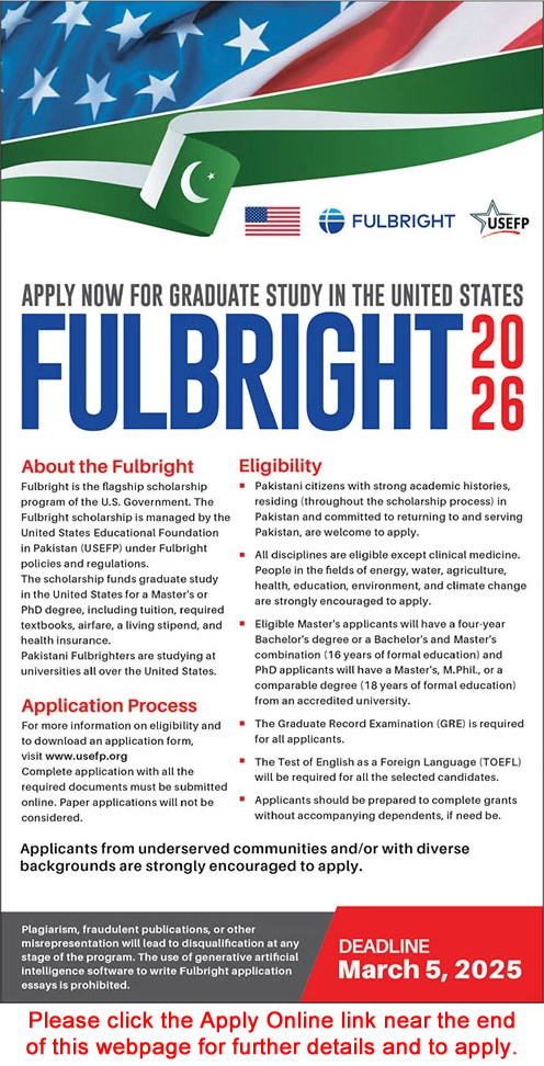 Fulbright Scholarship 2026 for Pakistani Students USEFP USA Online Application Form Latest