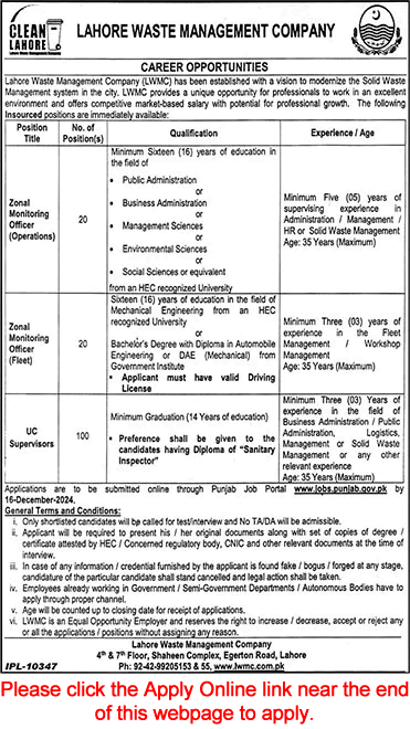 Lahore Waste Management Company Jobs December 2024 Apply Online UC Supervisors & Others LWMC Latest