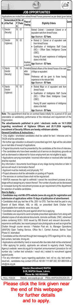 WAPDA Jobs December 2024 OTS Apply Online Deputy / Directors Ex / Retired Army Officers Latest