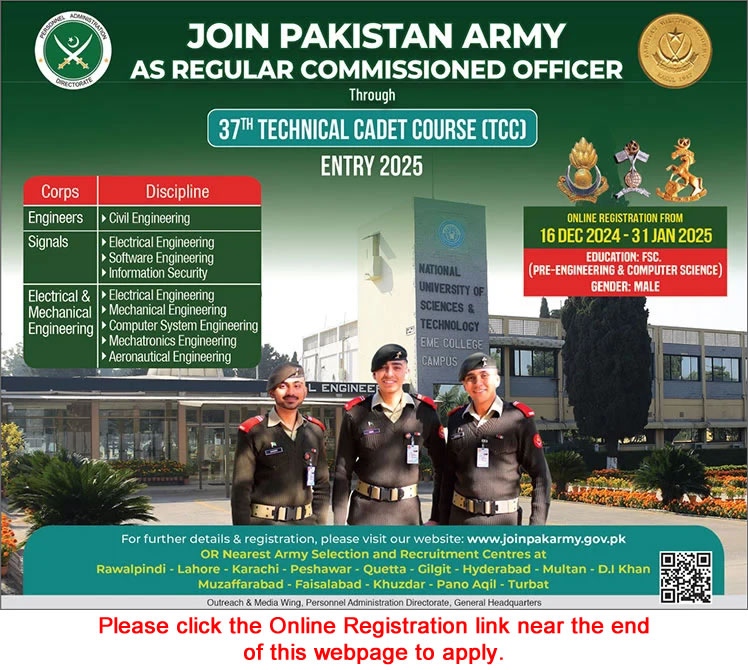 Join Pakistan Army through 37th Technical Cadet Course (TCC) December 2024 Online Registration Latest