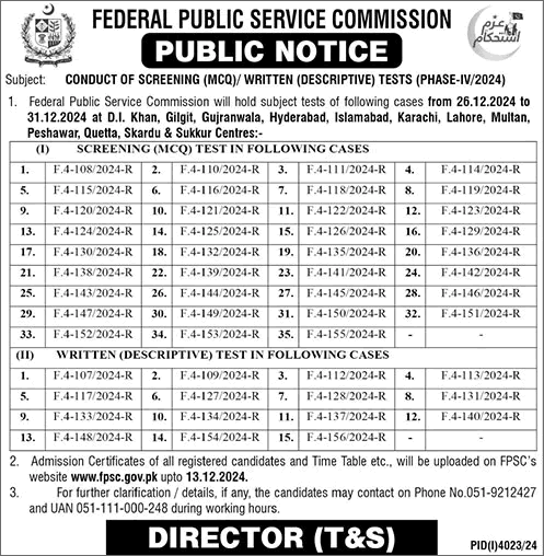 FPSC Written / MCQ Test Schedule December 2024 Roll Number Slip & Syllabus Download Latest