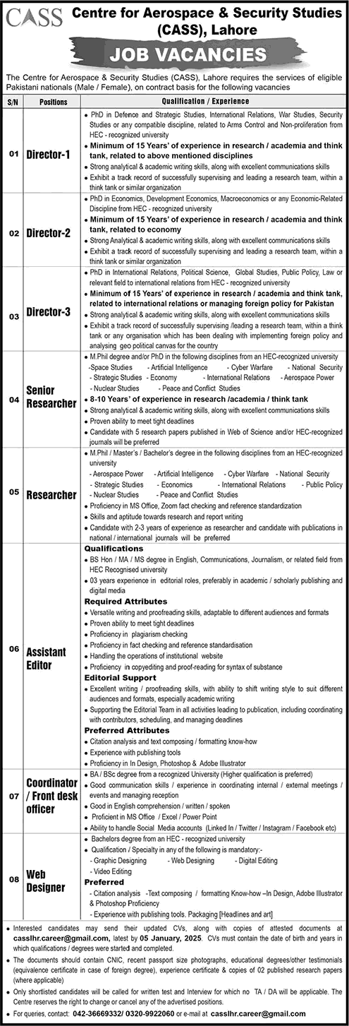 Centre for Aerospace and Security Studies Lahore Jobs December 2024 Web Designer, Researchers & Others CASS Latest