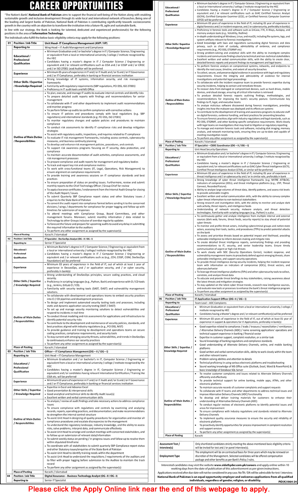 National Bank of Pakistan Jobs December 2024 Apply Online IT Specialists & Others NBP Latest