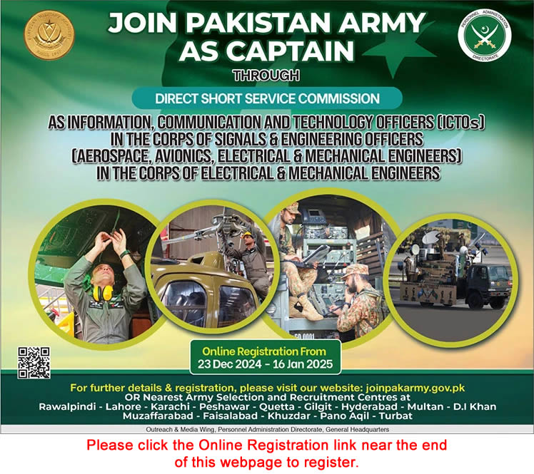 Join Pakistan Army as Captain December 2024 / 2025 ICTO / Engineers through Direct Short Service Commission Online Registration Latest