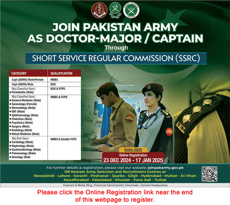 Join Pakistan Army as GDMO & Specialist December 2024 / 2025 Online Registration through Short Service Regular Commission Latest