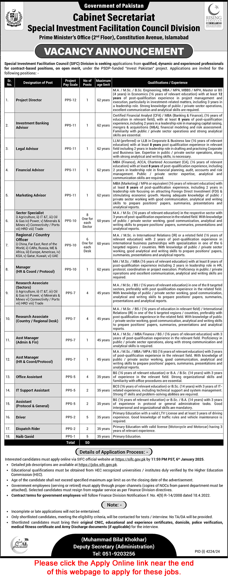 Cabinet Secretariat Islamabad Jobs December 2024 / 2025 Apply Online Special Investment Facilitation Council Division SIFC Latest