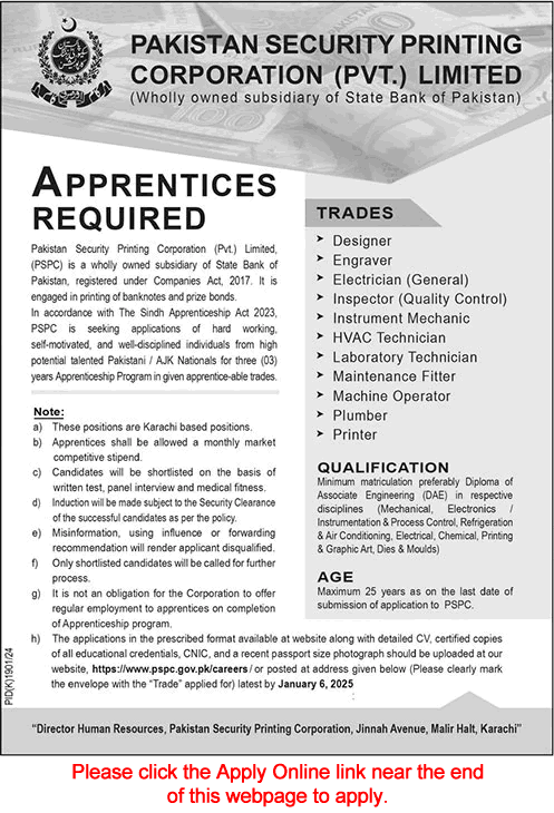 Pakistan Security Printing Corporation Apprenticeships December 2024 / 2025 Apply Online PSPC Jobs Latest