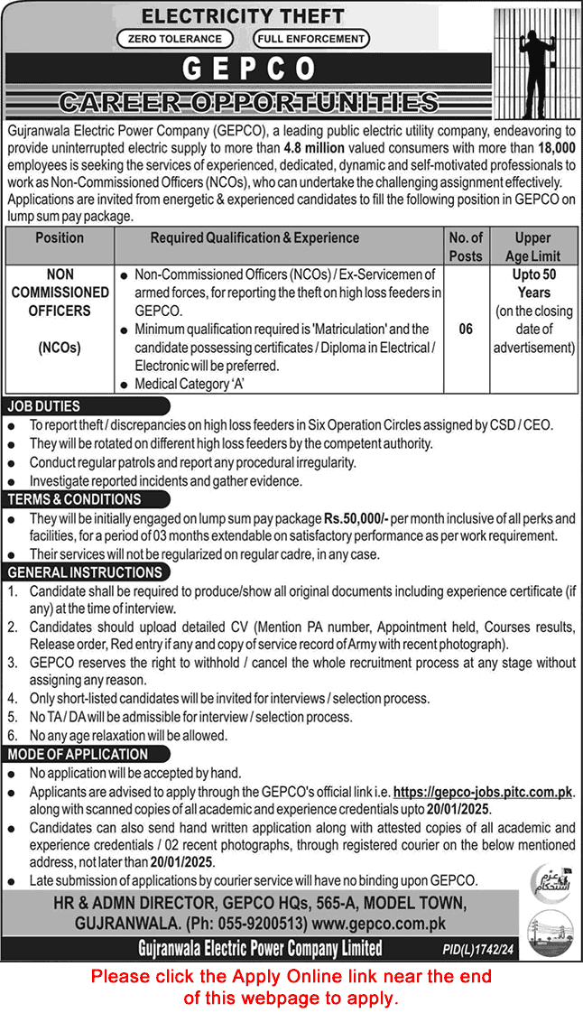 Non Commissioned Officer Jobs in GEPCO December 2024 / 2025 Apply Online NCO Gujranwala Electric Power Company Latest