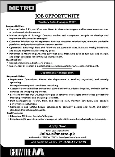 Metro Cash and Carry Jobs December 2024 / 2025 Territory Sales Managers & Department Managers Latest