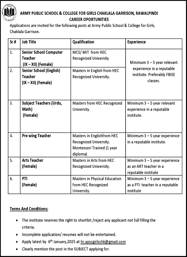 Army Public School and College for Girls Rawalpindi Jobs December 2024 / 2025 Teaching Faculty & Others APS&C Latest