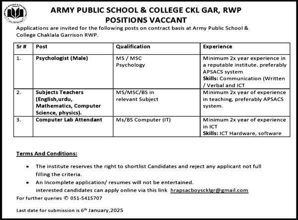 Army Public School and College Chaklala Garrison Rawalpindi Jobs December 2024 / 2025 Teachers & Others Latest