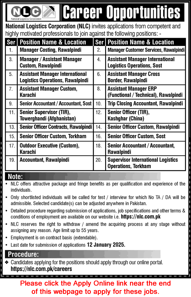 NLC Jobs December 2024 / 2025 Apply Online Assistant Managers & Others National Logistics Corporation Latest