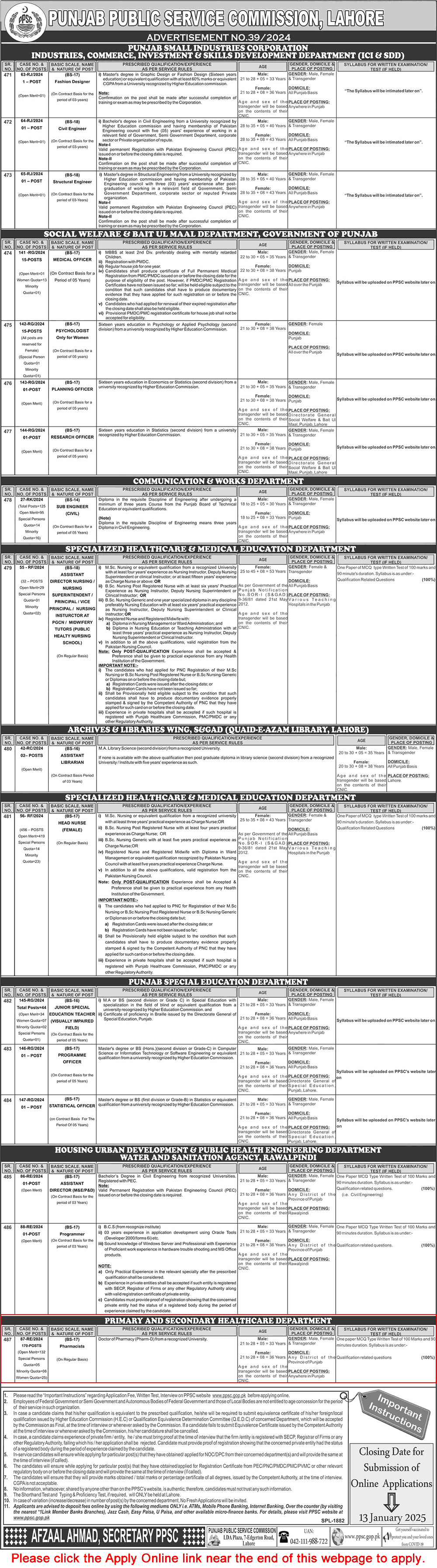 Pharmacist Jobs in Primary and Secondary Healthcare Department Punjab December 2024 / 2025 PPSC Apply Online Latest