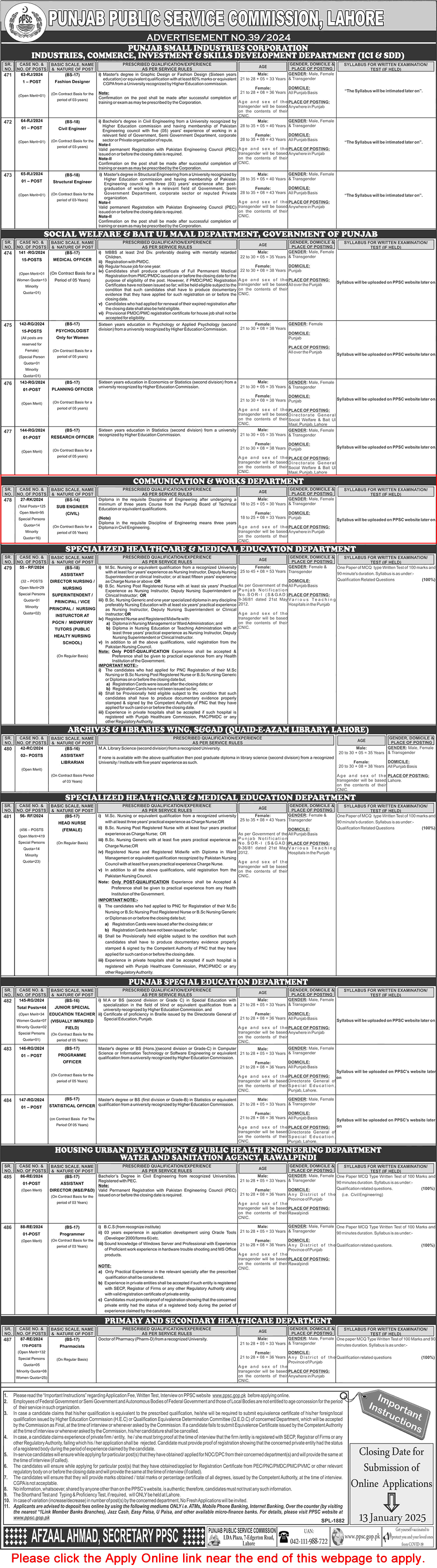 Civil / Sub Engineer Jobs in Communication and Works Department Punjab December 2024 / 2025 PPSC Apply Online Latest