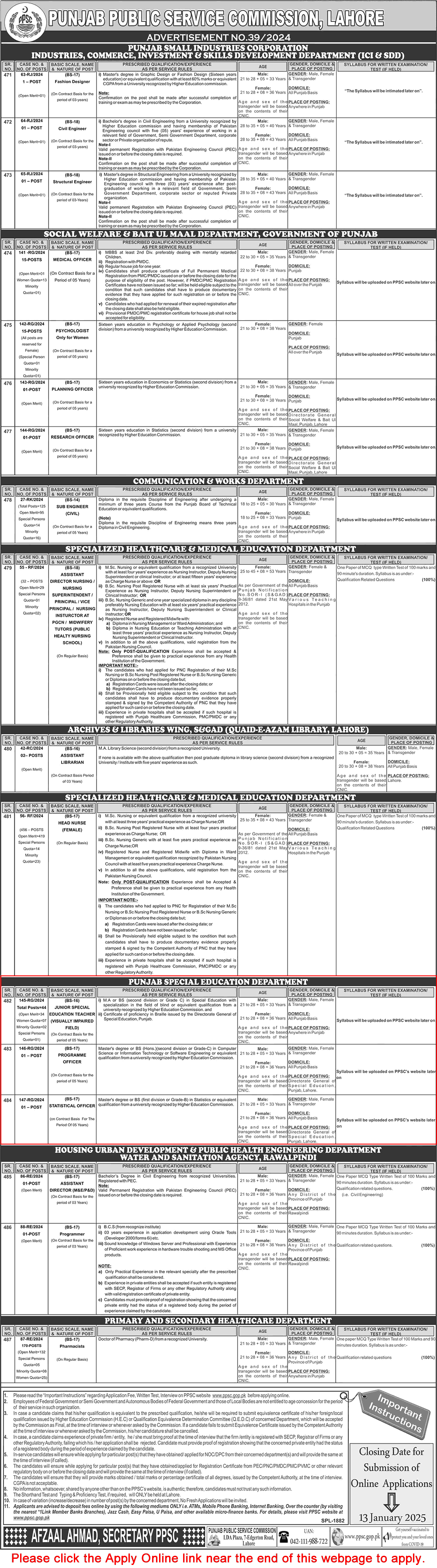 Punjab Special Education Department Jobs December 2024 / 2025 PPSC Apply Online Special Education Teachers & Others Latest