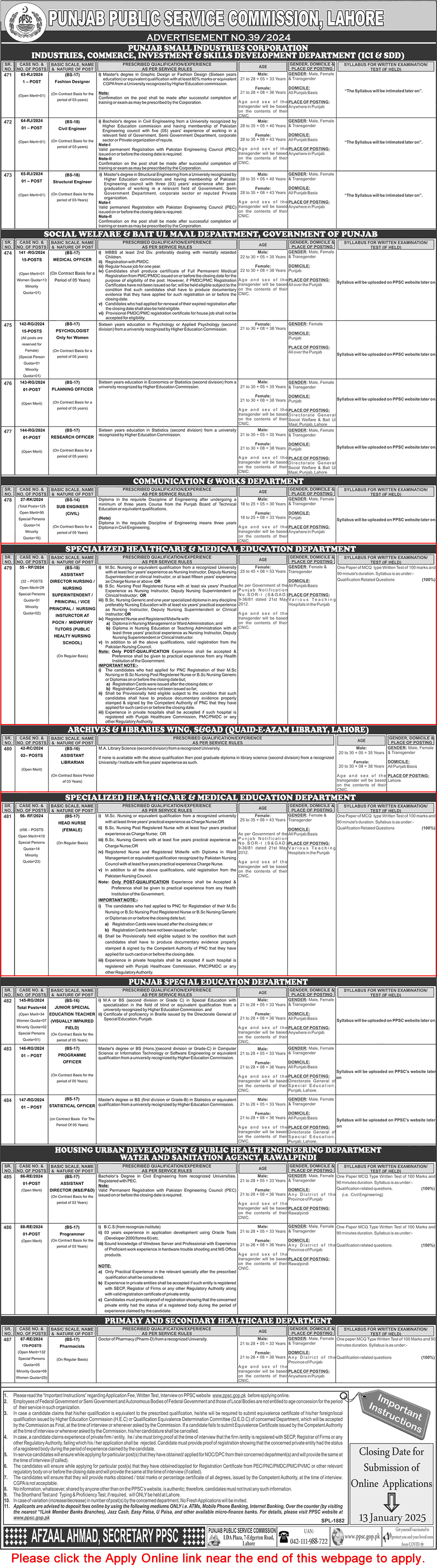 Specialized Healthcare and Medical Education Department Punjab Jobs December 2024 / 2025 PPSC Apply Online Latest