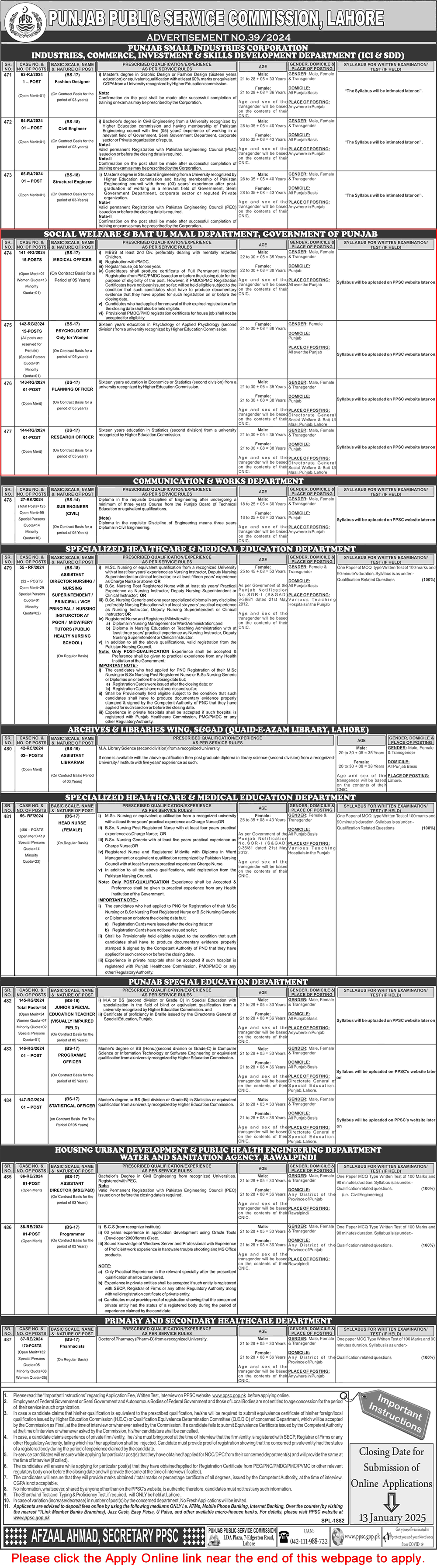 Social Welfare and Bait ul Maal Department Punjab Jobs December 2024 / 2025 PPSC Apply Online Medical Officers & Others Latest