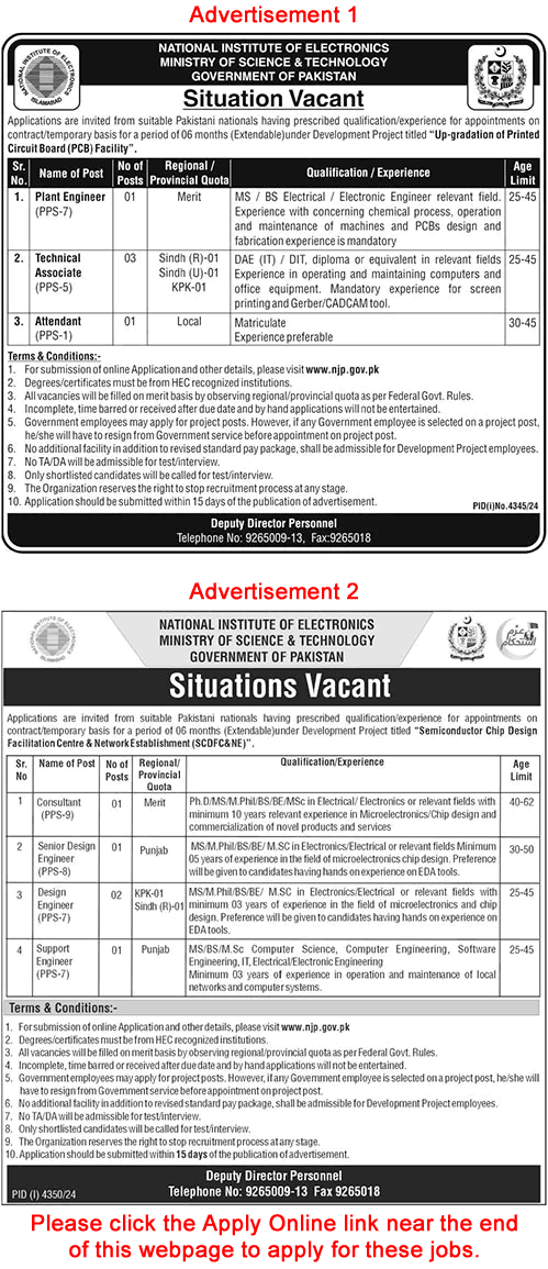 National Institute of Electronics Islamabad Jobs December 2024 / 2025 Apply Online Technical Associates, Design Engineers & Others Latest