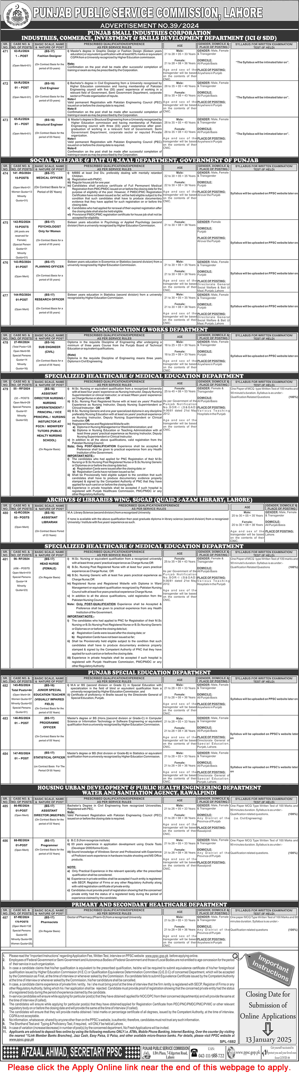 PPSC Jobs December 2024 / 2025 Apply Online Consolidated Advertisement No 39/2024 Latest