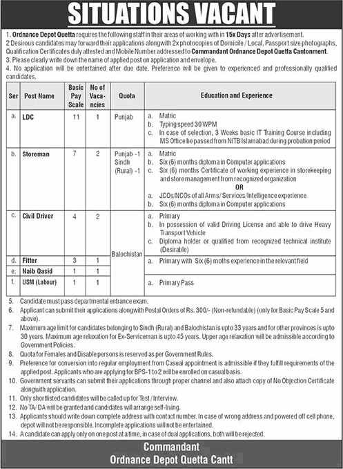 Ordnance Depot Quetta Jobs December 2024 / 2025 Storeman, Driver & Others Pakistan Army Latest