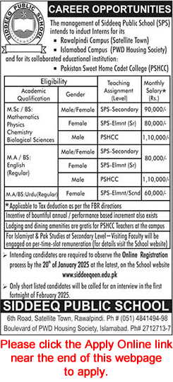 Teaching Intern Jobs in Siddeeq Public School Rawalpindi / Islamabad 2025 Apply Online Latest