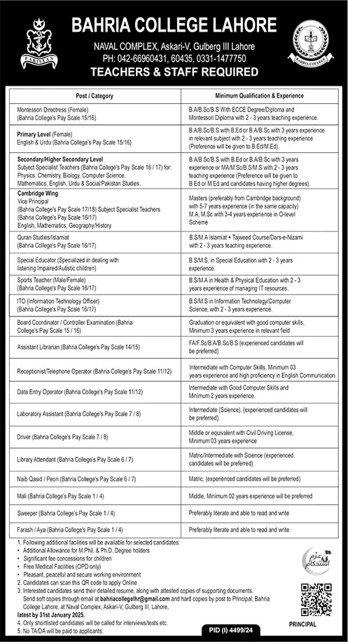 Bahria College Lahore Jobs 2025 Teaching Faculty & Others Latest