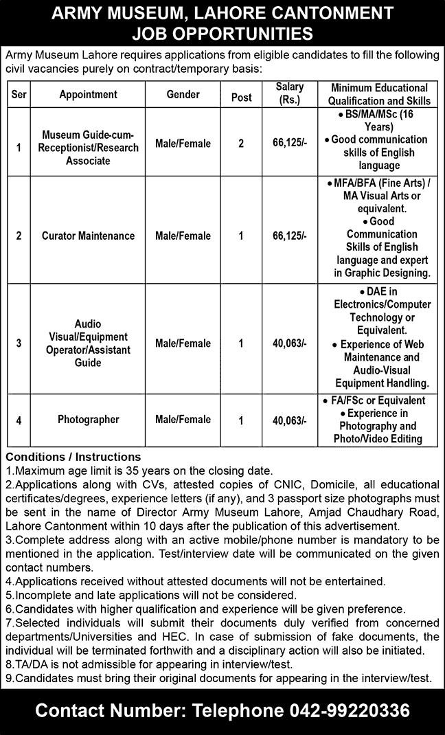 Army Museum Lahore Jobs 2025 Museum Guide, Photographer & Others Latest