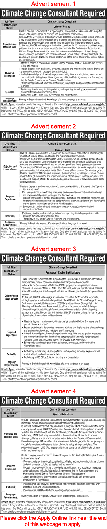 Climate Change Consultant Jobs in UNICEF Pakistan 2025 January Apply Online Latest