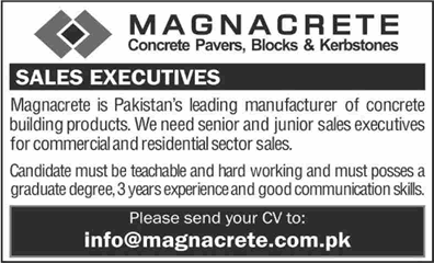 Sales Executive Jobs in Magnacrete Pakistan 2025 January Latest