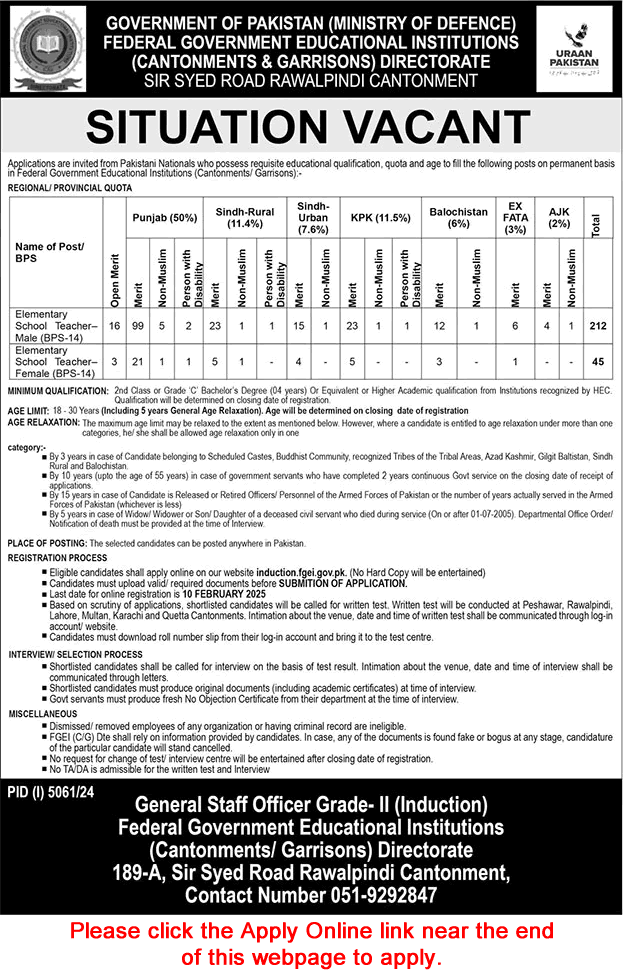 Elementary School Teachers Jobs in FGEI 2025 Apply Online Federal Government Educational Institutions Latest