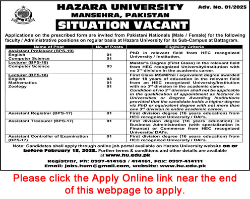 Hazara University Mansehra Jobs 2025 Apply Online Teaching Faculty & Others Latest