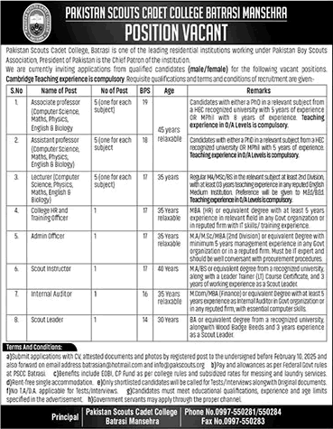 Pakistan Scouts Cadet College Batrasi Mansehra Jobs 2025 Teaching Faculty & Others Latest