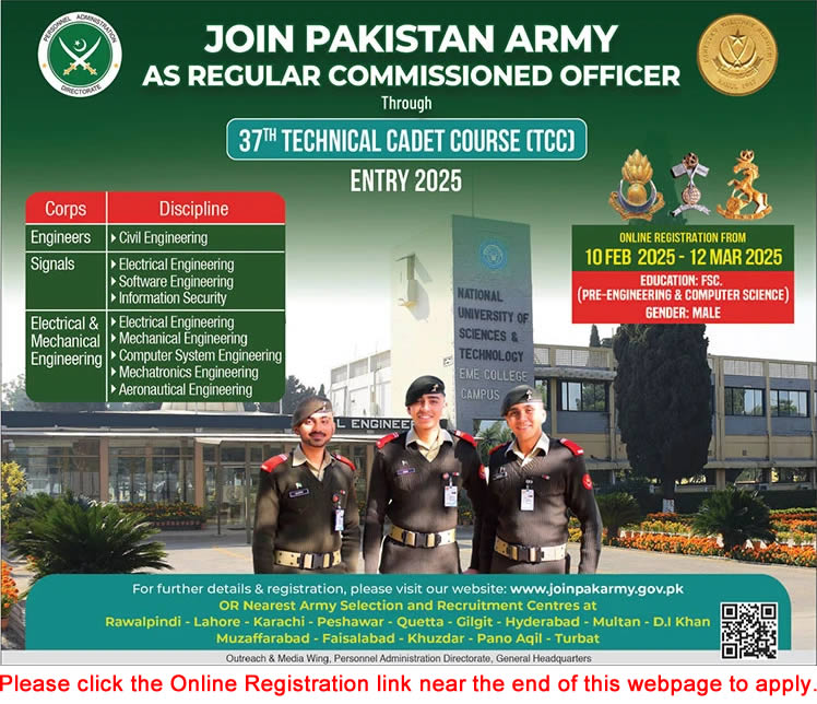 Join Pakistan Army through 37th Technical Cadet Course (TCC) February 2025 Online Registration Latest