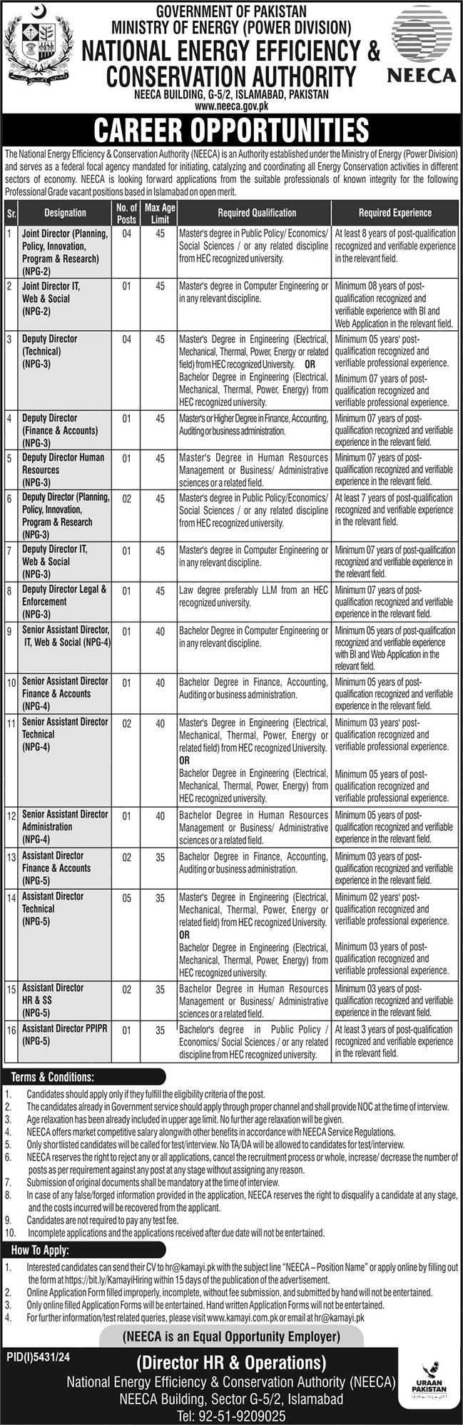 NEECA Islamabad Jobs 2025 February National Energy Efficiency and Conservation Authority Latest