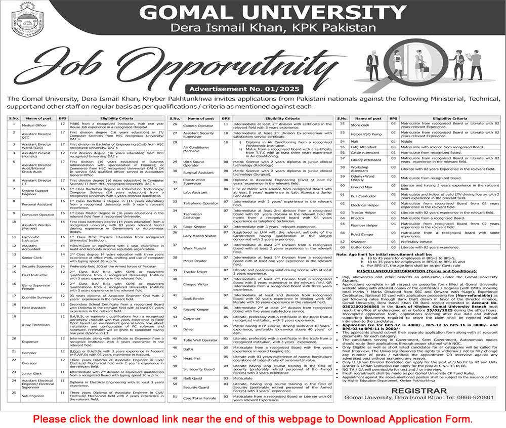 Gomal University Dera Ismail Khan Jobs 2025 February Application Form Download GU Latest