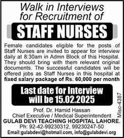 Staff Nurse Jobs in Gulab Devi Teaching Hospital Lahore 2025 February Walk in Interviews Latest