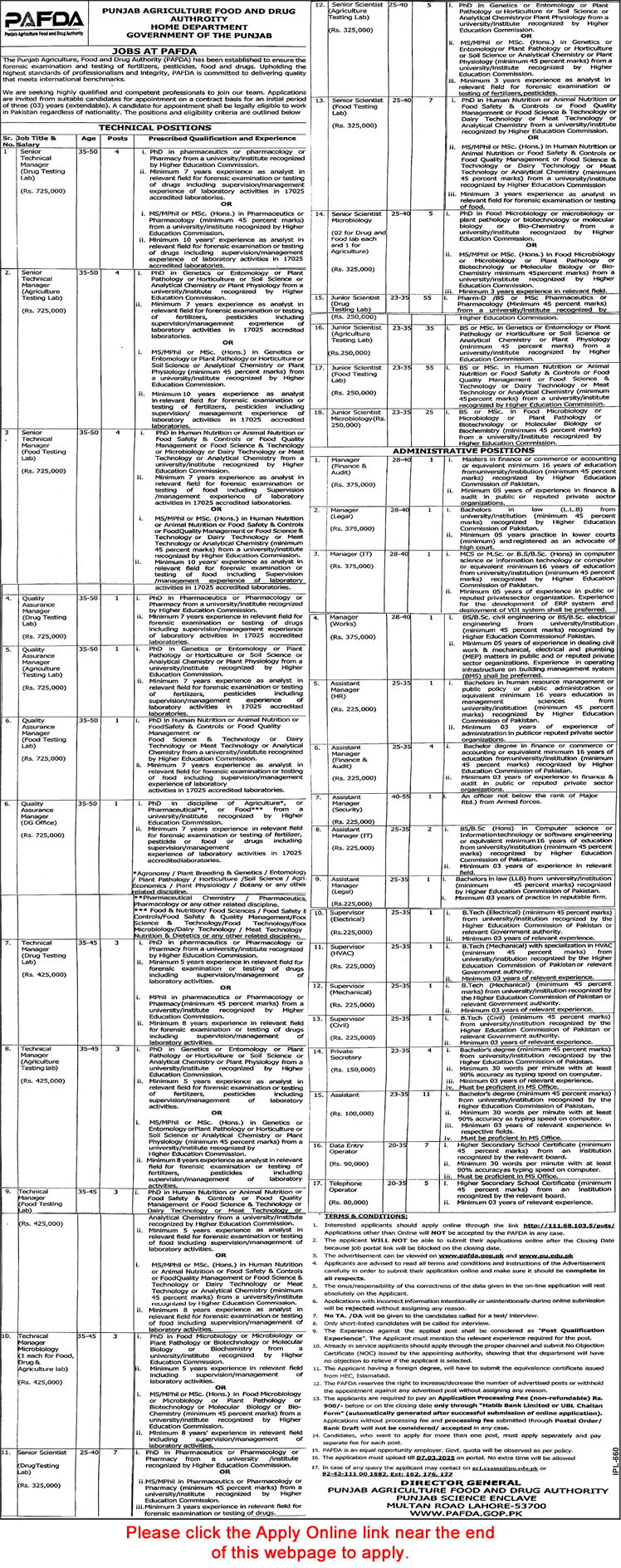 Punjab Agriculture Food and Drug Authority Jobs 2025 February Apply Online Junior Scientists & Others Latest